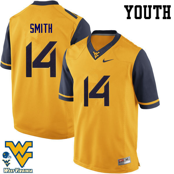 Youth #14 Collin Smith West Virginia Mountaineers College Football Jerseys-Gold - Click Image to Close